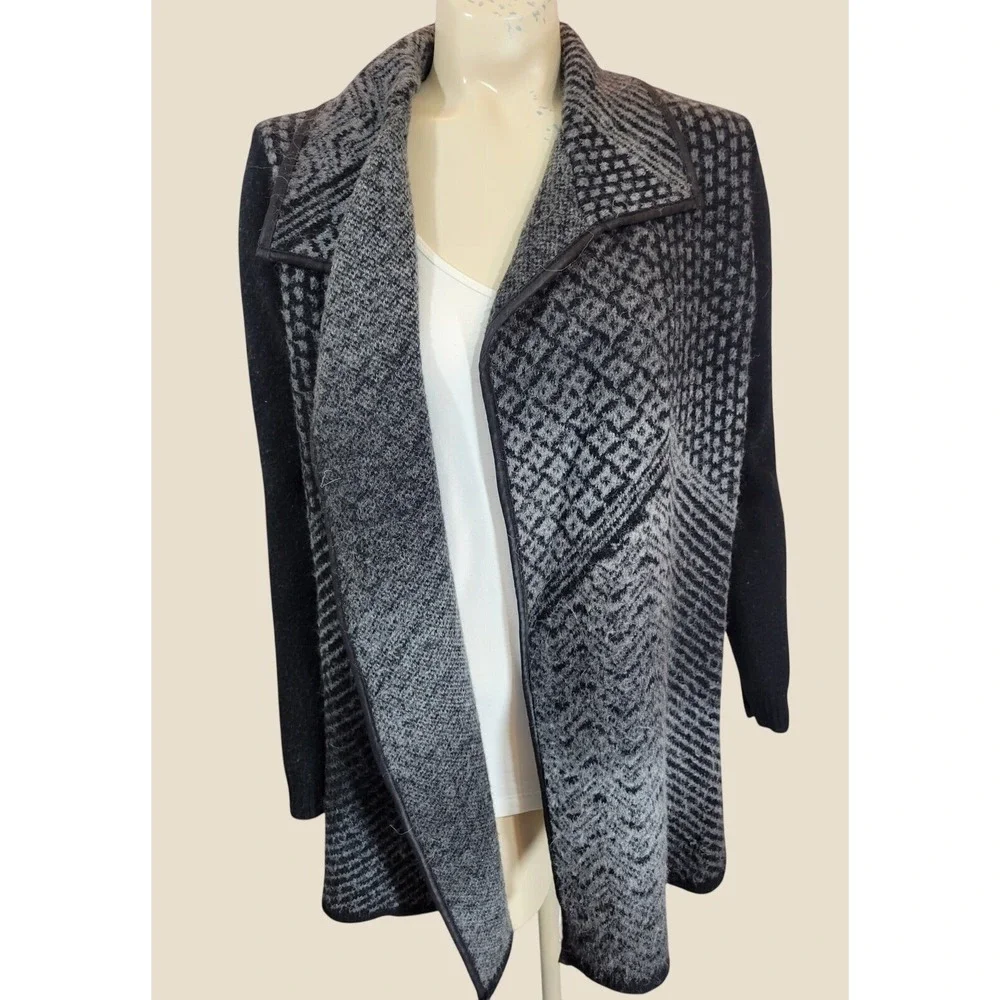 Laura Ashley Cardigan Sweater Geometric Wool Blend Open Front Gray Black PXL